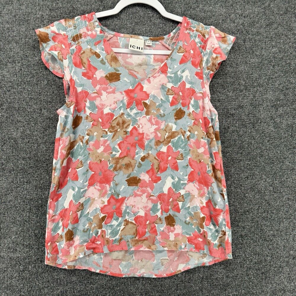 ICHI Blouse Top Womens XS‎ Pink Floral V-Neck Soft Feminine Boho Romantic Pastel